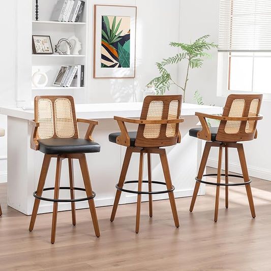 Set of 3 Rattan Bar Stools - 30 inch Swivel Mid Century BarStools with Cane Back, Walnut Craftsmanship, Upholstered Seat, Bar Height Stools for Bar/Pub/Island/Cafe (30" Seat Height, Black)