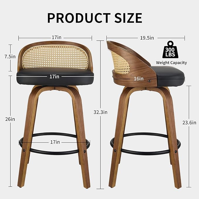 26 inch Swivel Bar Stools with Back, Set of 2 Mid-Century Modern Walnut Barstools, PU Leather Bar Chairs with Footrest for Kitchen Island, Dining, Home Bar - Black