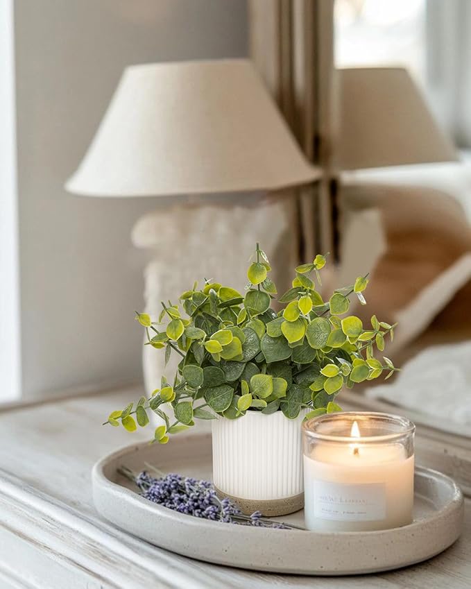 Small Fake Plants Eucalyptus Fake Potted Plants Artificial Eucalyptus Faux Greenery in Ceramic Pot for Bathroom Table Office Home Decor(Green)