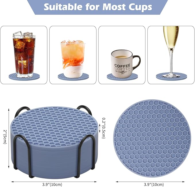 Silicone Coasters Set of 8 with Holder,Coasters for Drinks,Beer,Coffee Coasters,Suitable for Kinds Cups,Hot or Cold,Anti-SLI,Non-Stick,Anti-Overflow Tabletop Protection and Decor (8 Pcs, Blue)