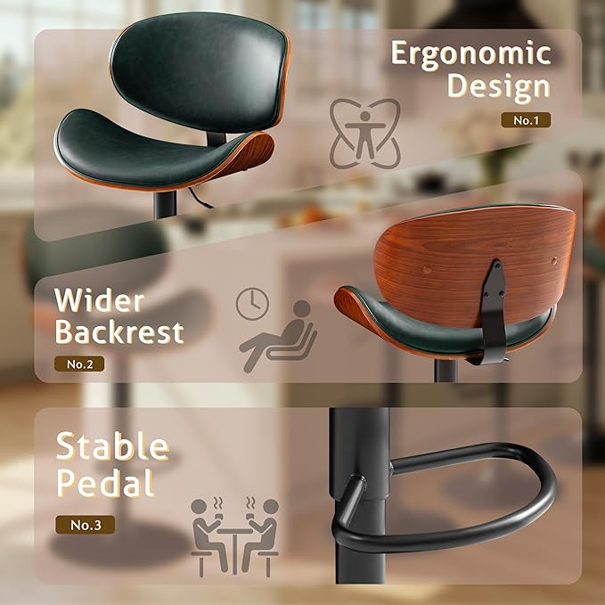 Bar Stools Set of 2 Adjustable Swivel Bentwood Barstools PU Leather Modern Bar Chairs with Back & Footrest for Bar, Kitchen Island, Dining Room (Grenn, Set of 2)