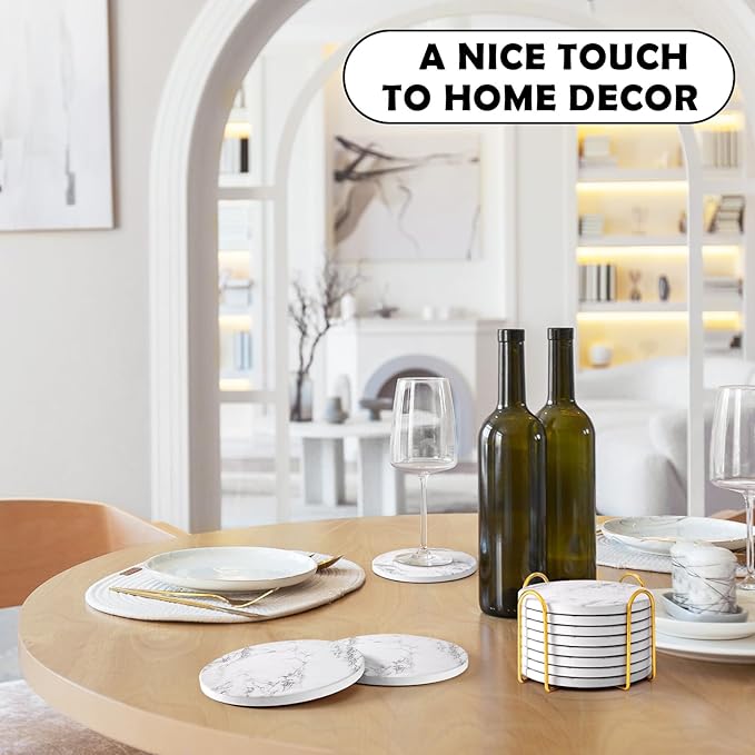 GOH DODD Coasters for Drinks Set of 8, Absorbent Stone Marble Style Ceramic Coaster Tabletop Protection Home Decor with Metal Holder for Coffee Table Housewarming Gifts Wedding Party, White, 4 Inches