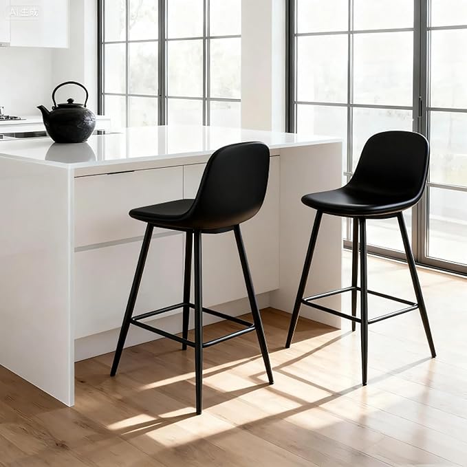 Black Bar Stools Set of 4,Faux Leather Counter Height Bar Stools,24.6" Bar Chairs with Back Metal Footrest,Modern Counter Stool with Back and Footrest for Kitchen Island Restaurants Pubs