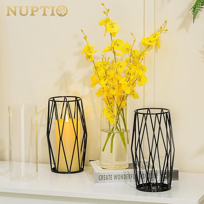 Nuptio Glass Candle Holder for Pillar Candles Black Pillar Candle Holders Geometric Metal Candle Stand Small Hurricane Candleholder Flower Vase for Office Dining Living Room Bar Cafe