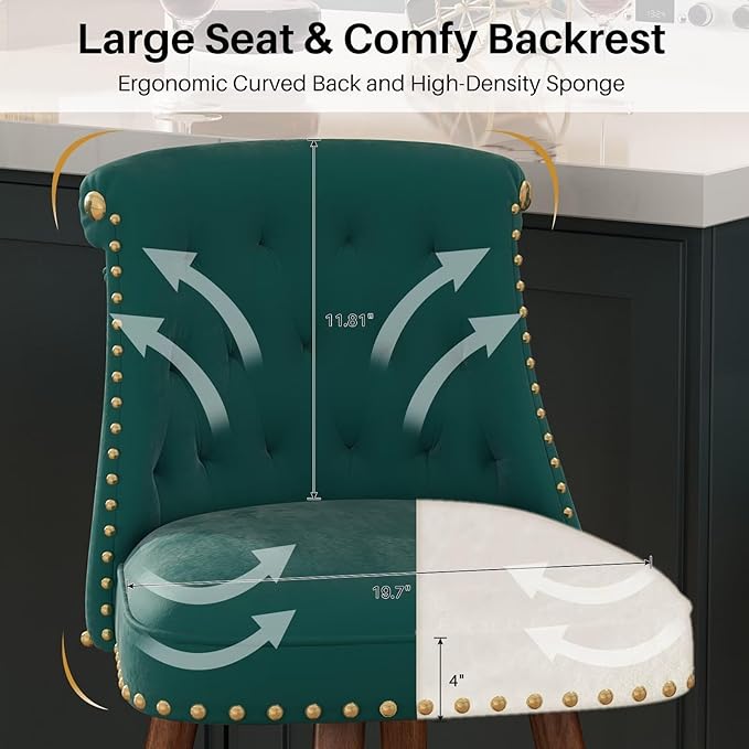 Counter Height Bar Stools, 360° Swivel Counter Stools Set of 2, Upholstered 24" Velvet Barstools with Back and Footrest for Kitchen Island, Seat Height, Solid Wood Legs, Fabric in Green