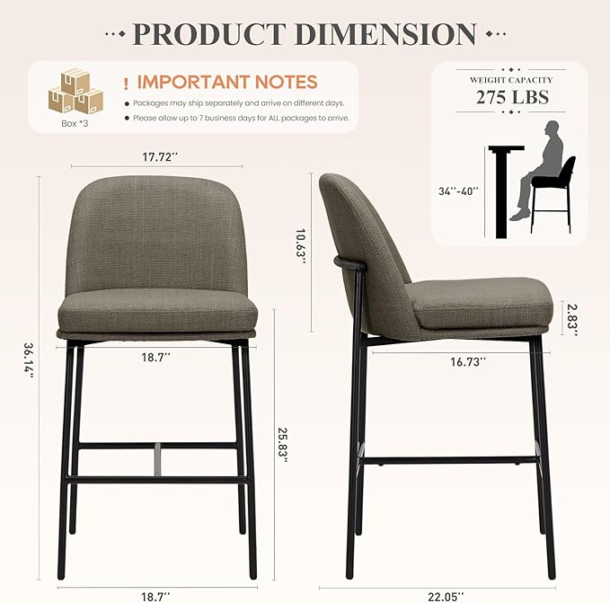 COLAMY Counter Height Bar Stools Set of 6, 25 Inch Modern Fabric Kitchen Island Stools with Back, Upholstered Counter Barstools Armless Bar Chairs with Metal Legs for Island Dining Room Bar,Brown