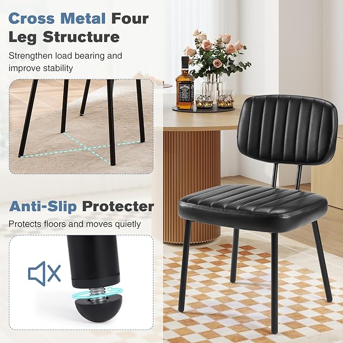 DUMOS Dining Chairs Set of 2, Upholstered Mid-Century PU Leather Accent Chair with Backrest and Metal Legs for Kitchen, Living Room, Black