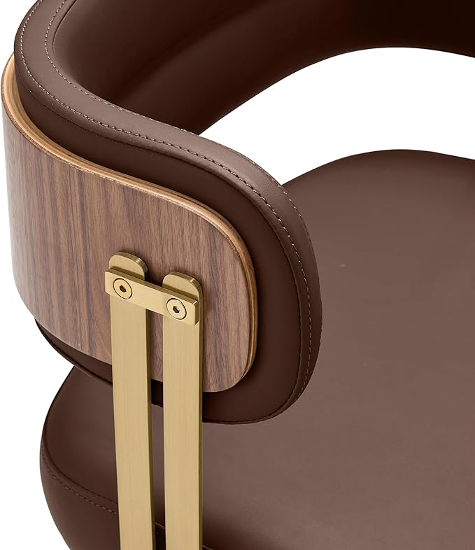 Modern Mid-Century Upholstered Leather Dining Chairs with High-Resilience Foam, Walnut Wood Veneer&Gold Metal Legs,Dining Chairs with Anti-Slip Pads,Dark Grey