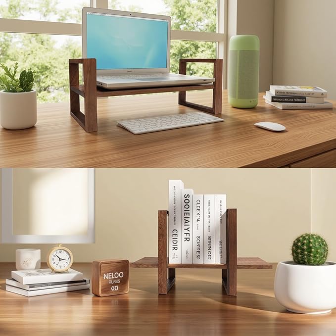 Adjustable Desktop Bookshelf, Bookshelf No Assembly Required, DIY Multi-Combination Shelves Organizer for Home Office Supplies, and Dresser, True Natural Walnut Wood, Brown