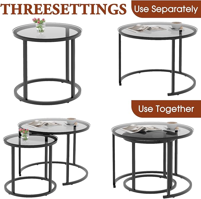 aboxoo Nesting Coffee Table Grey Glass Table Set of 2, Small Round Glass Nesting Tables for Living Room Bedroom, Accent Tea Table with Metal Frame Modern Industrial Simple