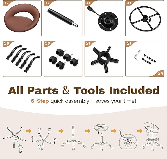 Drafting Chair with Back, Height Adjustable Rolling Stool with Foot Rest, Tall 360° Swivel Stool PU Leather Chair with Wheels for Home Office, Standing Desk, Brown