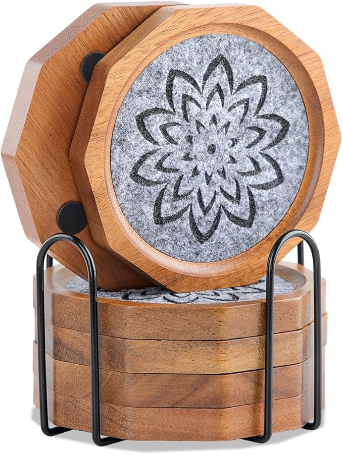 Wood Coasters for Drinks Absorbent with Lip, 4.3 Inch Acacia Wood Grey Felt Coaster with Holder for Wooden Coffee Table for Cups, Mugs, and Glasses - Set of 6