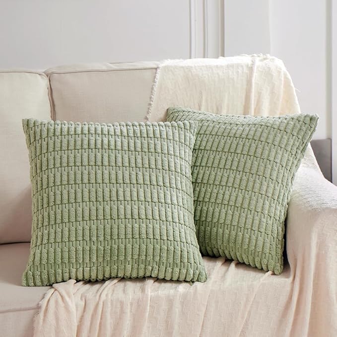 Fancy Homi 4 Packs Sage Green Decorative Throw Pillow Covers 26x26 Inch for Living Room Couch Bed Sofa, Rustic Farmhouse Boho Home Decor Soft Plush Striped Corduroy Square Cushion Case 66x66 cm