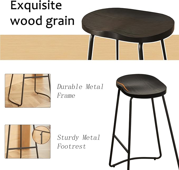 HeuGah Barstools Set of 2, 26" Counter Height Bar Stools with Metal Leg, Rustic Backless Bar Stools for Kitchen Island, Wood Bar Chairs with Saddle Seat (Black, 2 PCS 26Inch Counter Chair)