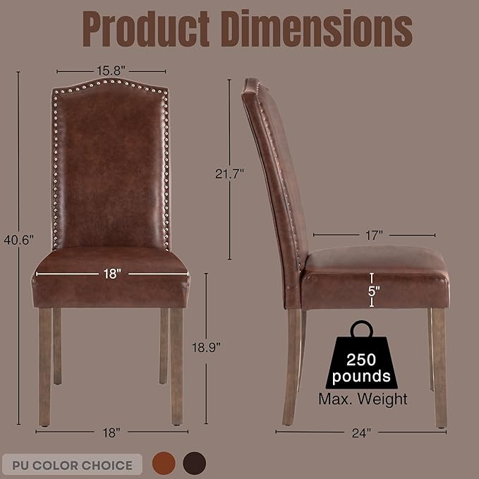 Stylish Upholstered Parsons Dining Chair PU Faux Leather with Silver Nailhead Trim and Sturdy Solid Wood Legs