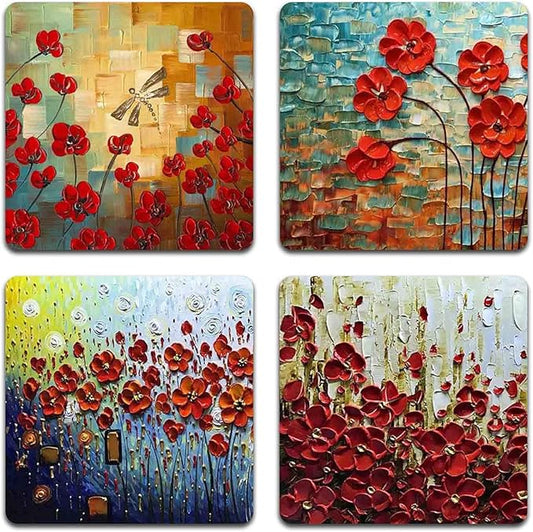 Red Oil Painting Square Coaster Set - Made of Recycled Rubber - Set of 4