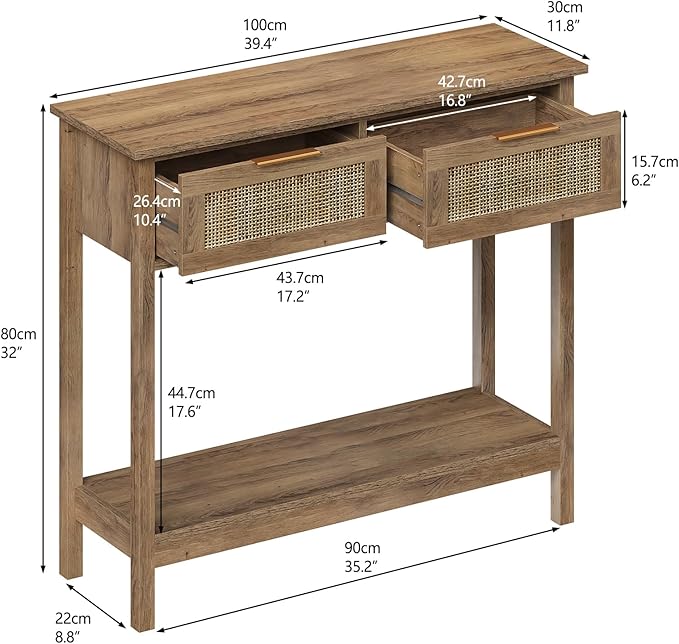 Farmhouse Rattan Console Table with 2 Drawers 2 Tier Boho Narrow Long Sofa Table Natural with Open Storage Shelf Wood Entryway Table for Living Room Hallway Foyer