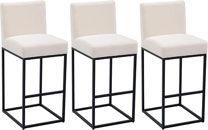 VESCASA Linen 31 inches Bar Height Bar Stools with Padded Back, Modern Upholstered Bar Stool Chairs with Black Metal Frame for Kitchen Island, Pub, Set of 3, Cream