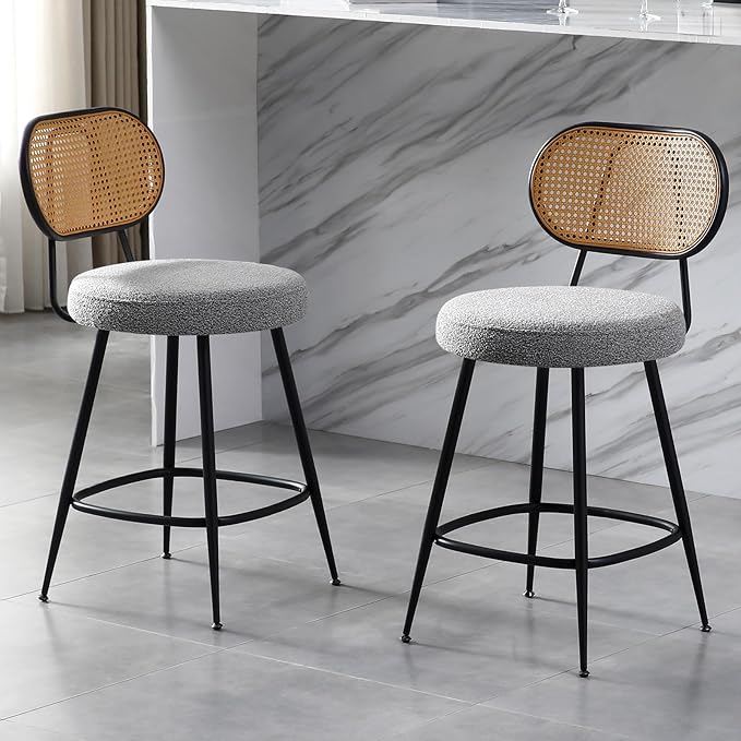 26" Rattan Barstools Set of 2, Counter Height Bar Chair with Black Metal Legs, Modern Armless Sherpa Pub Chair, Adjustable Feetpads Stools for Home Counter, Kitchen Dining Island, Cafe(Grey)