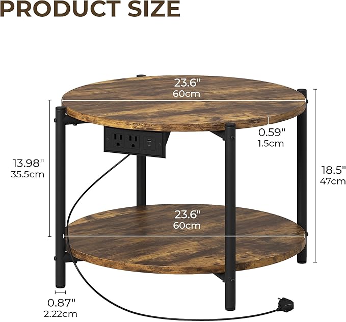 LIKIMIO Round Side Table Set of 2, 23.6" W End Table with Charging Station, Modern Wooden Nightstand for Small Spaces, Living Room, Bedroom, Rustic Brown