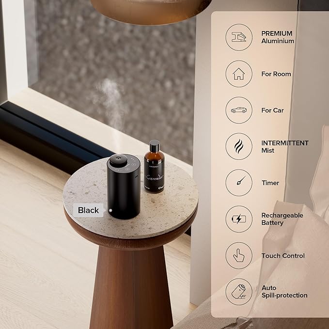 Waterless Essential Oil Diffuser for Home Aromatherapy Scent Diffusers with 3 Countdown Timer Settings or Timer-Off, 3 Mist Levels for Car Room Studio Office, Premium Metal Black and Gold 2 Pack