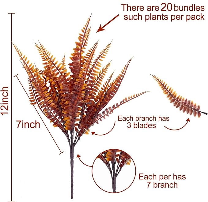 TURNMEON 20 Bundles Artificial Fall Flowers for Outdoors Fall Decorations, UV Resistant Fall Plants Faux Boston Fern Fake Mums Plastic Greenery Shrubs for Home Porch Gardens Autumn Thanksgiving Decor