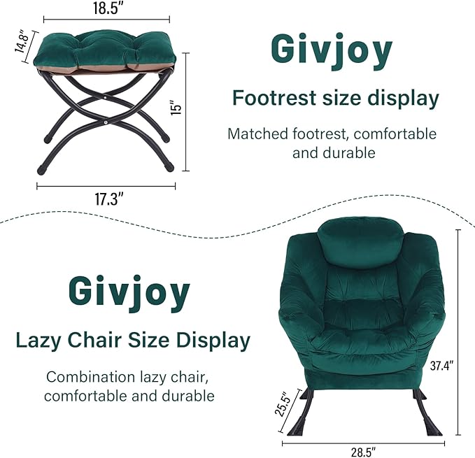 Lazy Chair and Ottoman, Large Accent Lounge Chair with Armrests and a Side Pocket, Modern Leisure Upholstered Sofa Reading Armchair with Footrest for Bedroom, Living Room, Dorm Rooms, Office