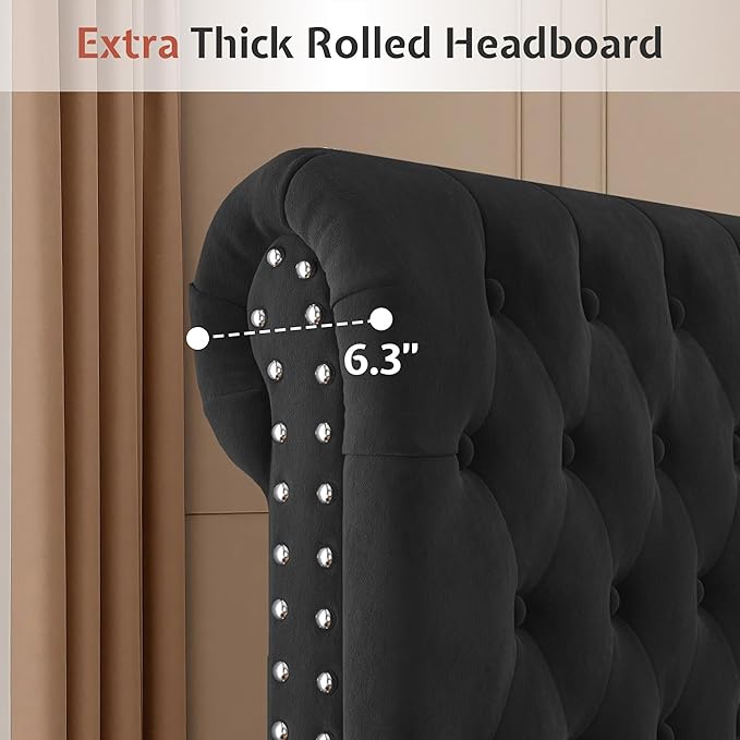 Jocisland King Size Bed Frame with 53" Tall Headboard, Velvet Upholstered Platform Sleign Bed with Button Tufted, Solid Wood Legs, No Box Spring Needed, Easy Assembly, Black
