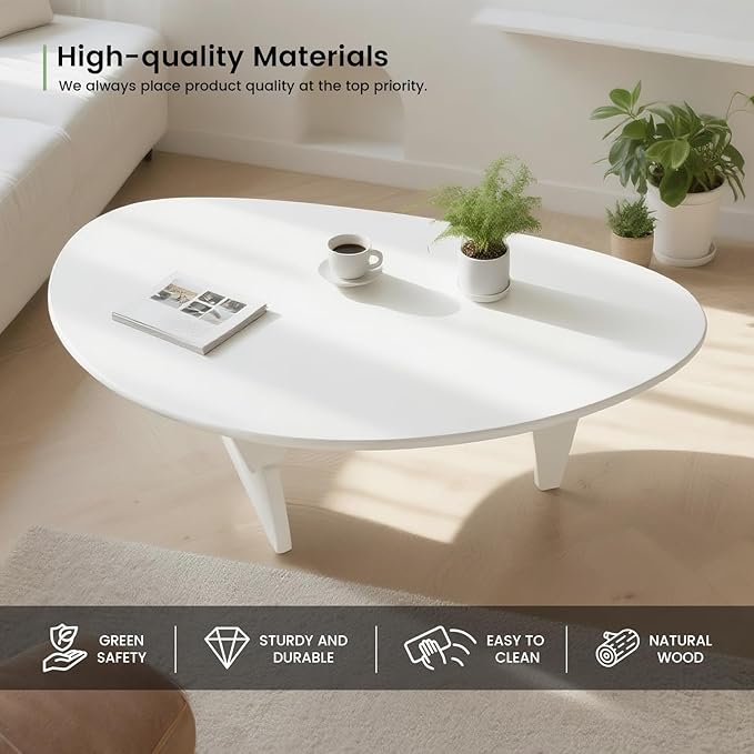 Solid Wooden Modern Triangle Coffee Table: Unique Funky Coffee Tables for Living Room, Oval Mid-Century Irregular Abstract Tea Tables for Patio Office Balcony Bedroom (White, 33" L x 22" W x 16" H)