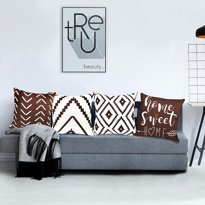 Decorative Throw Pillow Covers Set of 4 Brown Pillow Covers 16x16 inch Throw Pillow Cases Linen Square Pillow Case,Farmhouse Outdoor Modern Geometric Pillow Covers for Couch Sofa Living Room