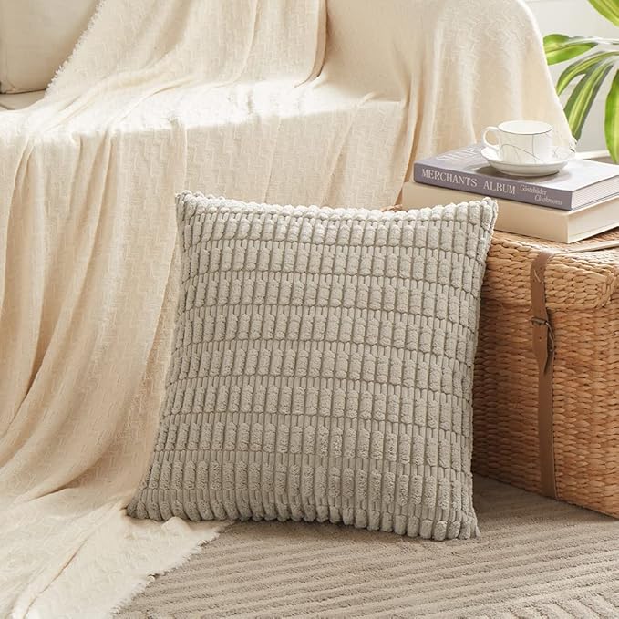 Fancy Homi 2 Packs Taupe Decorative Throw Pillow Covers 14x14 Inch for Living Room Couch Bed Sofa, Rustic Farmhouse Boho Home Decor, Soft Striped Corduroy Square Cushion Case 35x35 cm