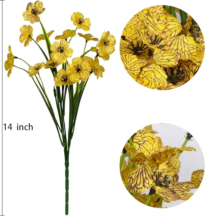 15 Bundles Artificial Flowers UV Resistant Outdoor Plants No Fade Faux Plastic Shrubs Fake Silk Flowers Window Box Garden Porch Home Decoration (Yellow)