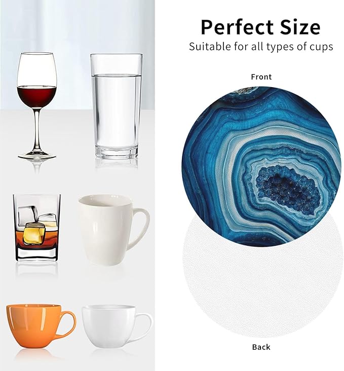 Agate Marble Blue Coasters Set of 6 Coasters for Drinks Absorbent Double-Sided Leather PVC Coaster for Tabletop Protection Coffee Table Decor Ideal for Home Decor House Warming Gifts