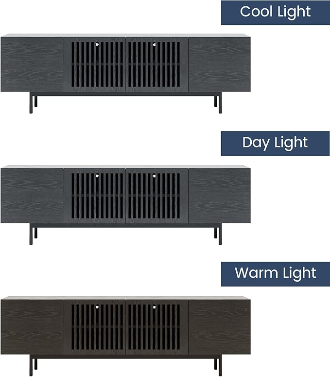 POVISON Mid Century Modern Sintered Stone TV Stand, Slatted Media Console TV Cabinet with Tall-cast Metal Legs, Fluted Entertainment Center with Storage, Fully-Assembled (Black, 70.87")