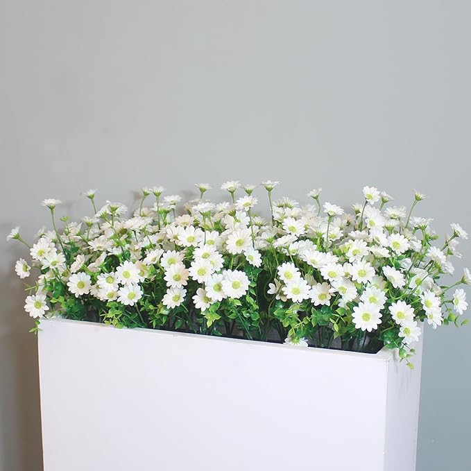 Fake Flowers Outdoor 8 Bundles Silk Artificial Daisy White Cemetery Flowers Outside Fade Resistant Plants Look Real for Wedding Garden Porch Patio Planter Decorations (8 Bundles White)