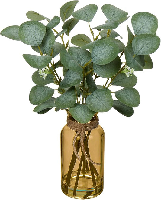 Briful Artificial Eucalyptus Stems in Amber Glass Vase with Faux Water, 14" Fake Plant Eucalyptus Leaves for Home Office Farmhouse Wedding Centerpiece Décor