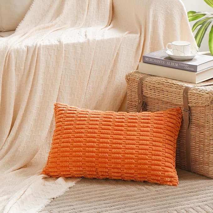 Fancy Homi 4 Packs Orange Fall Decorative Throw Pillow Covers 16x24 Inch for Couch Bed Sofa, Halloween Pumpkin Autumn Home Decor, Soft Cute Plush Corduroy Striped Cushion Case 40x60 CM