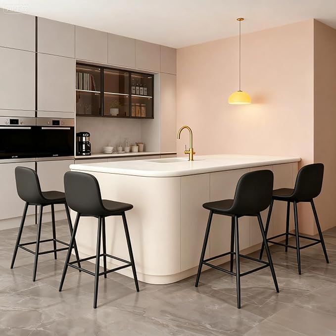 Black Bar Stools Set of 4,Faux Leather Counter Height Bar Stools,24.6" Bar Chairs with Back Metal Footrest,Modern Counter Stool with Back and Footrest for Kitchen Island Restaurants Pubs