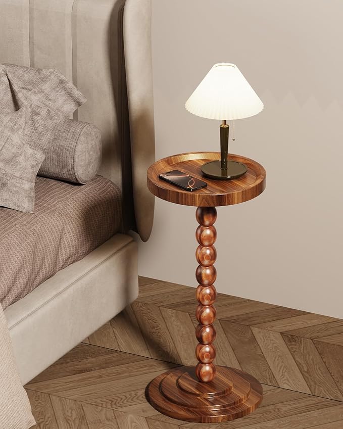 Round Wooden Side Table & Drink Table | Sturdy & Functional Mid-Century Design with Solid Wood Pillar for Living Room, Bedroom, Office & More