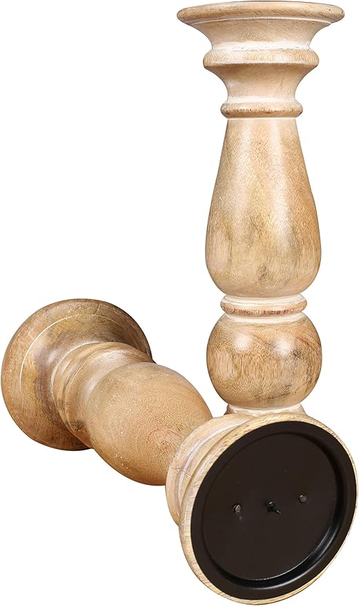 Candle Holder Set of 2 – White Wash Finish Wooden Pillar Stands – 12x4.5 inch, Decorative Candle Holders for Table Centerpiece, Wedding, Party, Home Décor, Spa, Farmhouse Gift