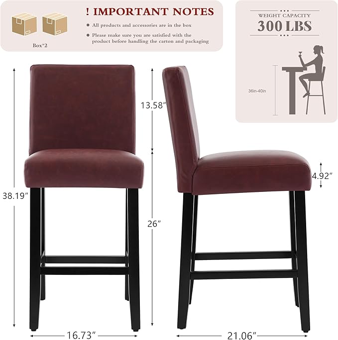 26'' Faux Leather Bar Stools Set of 3, Modern Upholstered Bar Chairs with Back, Soild Wood Legs Barstools for Kitchen Island, Red