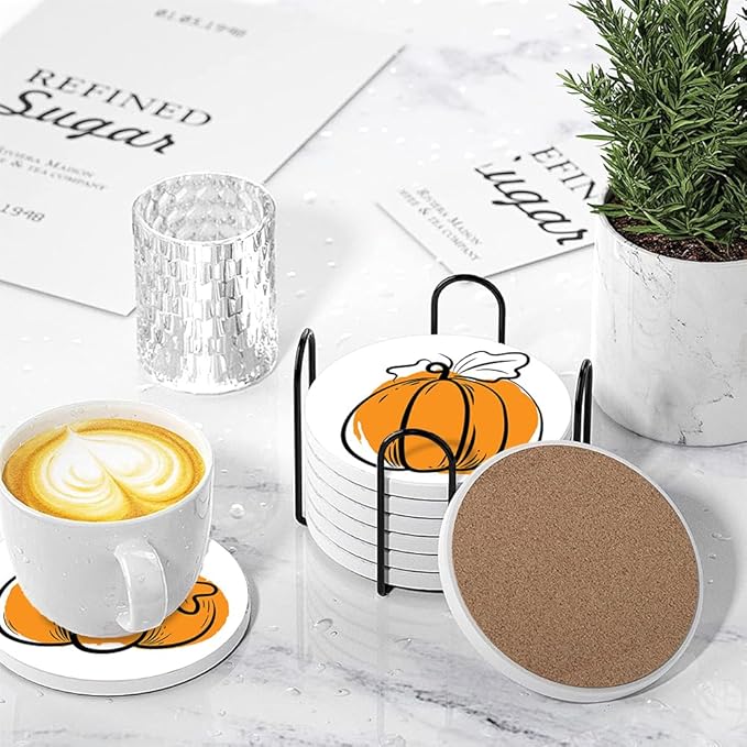 Fall Drink Absorbent Coasters with Holder Set of 6, Ceramic Stone with Cork Base, Orange Graphic Pumpkin Coaster for Drinks, Gift for Housewarming Room Bar Home Decor Kitchen