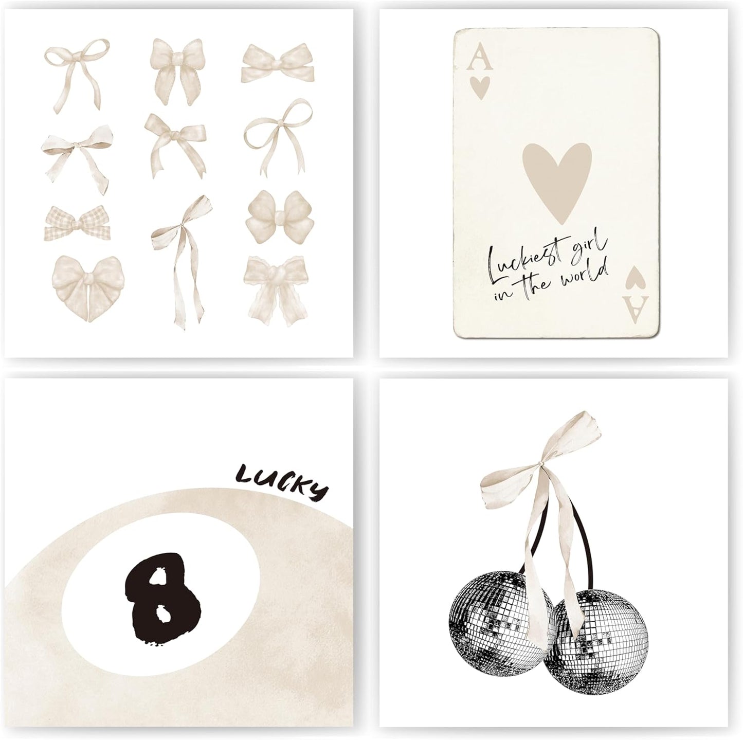 okaxscm Beige Coquette Trendy Preppy Wall Art Prints Set of 4, Coquette Room Decor, Preppy Room Decor Aesthetic, Beige Bow Disco 8 Ball Cherry Wall Decor Posters for Girls Bedroom Dorm,10x10 Unframed