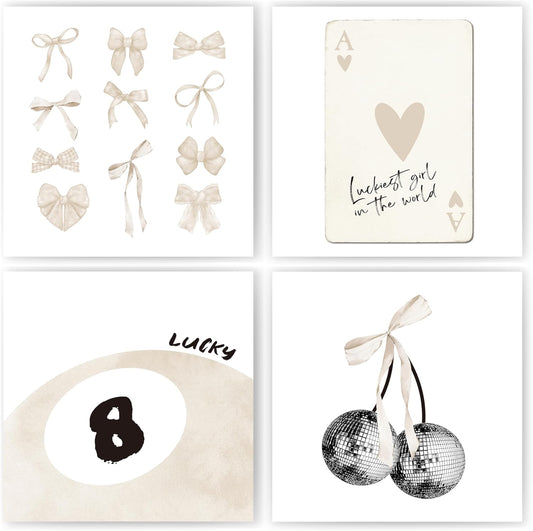 okaxscm Beige Coquette Trendy Preppy Wall Art Prints Set of 4, Coquette Room Decor, Preppy Room Decor Aesthetic, Beige Bow Disco 8 Ball Cherry Wall Decor Posters for Girls Bedroom Dorm,10x10 Unframed