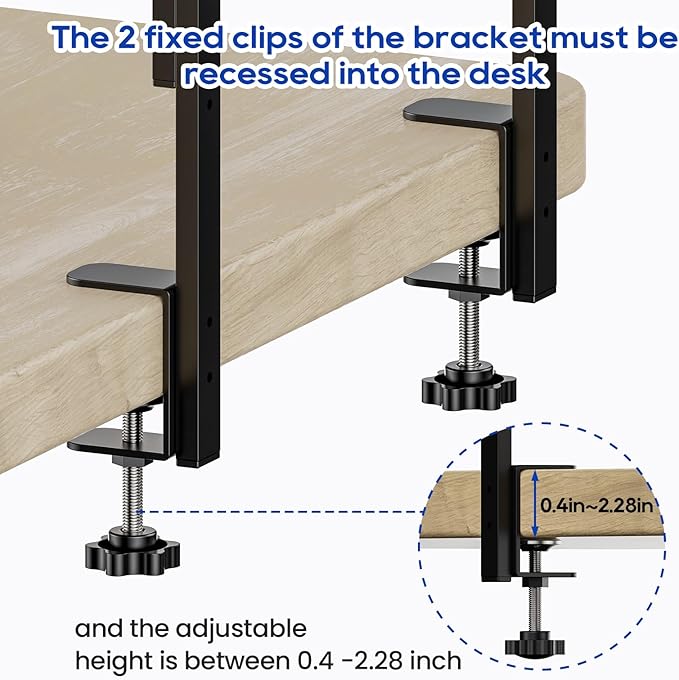 Clamp On Desk Shelf 2-Tier, 12.5 inche Wood Shelving Unit for Office Desk/Gaming Accessories, Tabletop Book Storage Rack, Shelf for Top & Under of Desk, Black