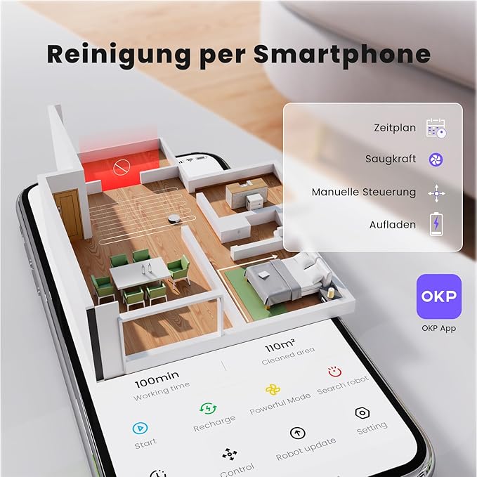 OKP Robot Vacuum Cleaner K5B, Super Thin, Powerful Suction, Cleaning Schedules, Self-Charging, Robotic Vacuums with Wi-Fi/App/Alexa Control, Ideal for Pet Hair Carpets Hard Floors