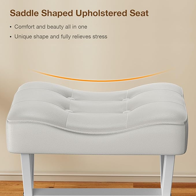 18-Inch Large Leather Vanity Stool, Vanity Chair with Metal X-Leg, Ottoman Accent Stool with Thick Padded Saddle Seat, White