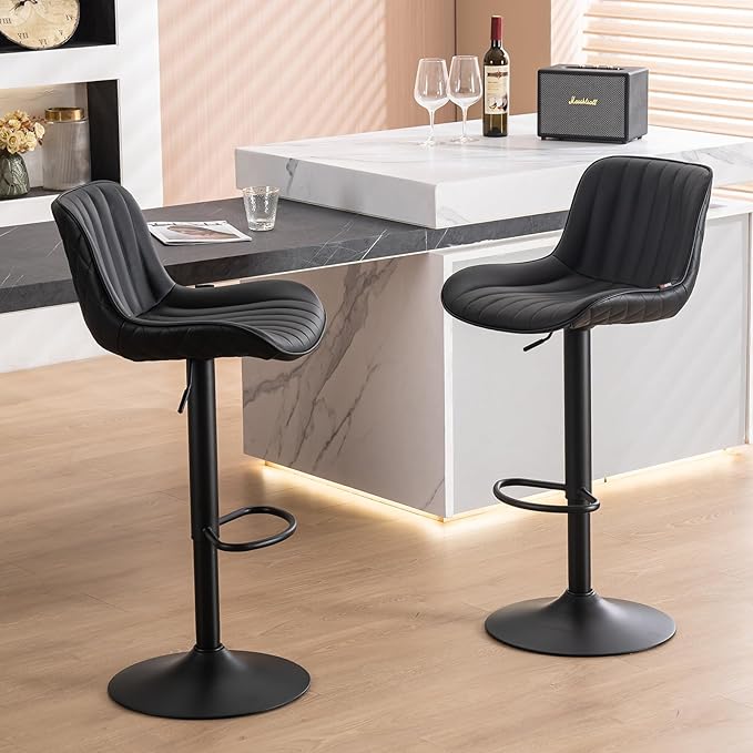 YOUNUOKE Black Bar Stools Set of 2 Adjustable Counter Height Stools Modern Swivel Barstools with Backs Mid Century PU Leather Upholstered Bar Chairs for Kitchen Island