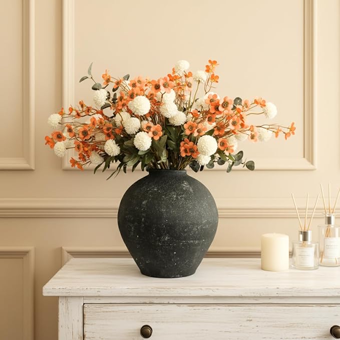 RyddeligHome Artificial White Kiku & Orange Wax Flowers, Bulk Silk Flowers with Long Stems for Vases, Spring Floral Stems Arrangements for Home Decor, Centerpieces for Tables, Rustic Decorations