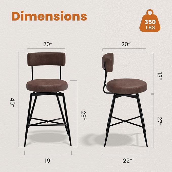 Swivel Counter Height Bar Stools with Back, 29 Inch Black PU Leather Upholstered Kitchen Bar Chairs for Kitchen Counter Island, Dining Chairs with Footrest Metal Legs